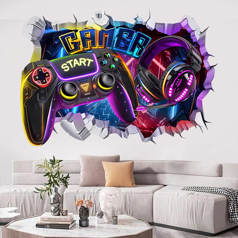 Poster di Gioco più Grande Buco nel Muro 3D Arte Fresca Zona Gamer Adesivi Murali in Vinile per Controller di Gioco Decorazione per Casa Camera dei Bambini Stanze da Gioco