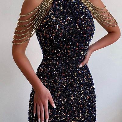 Mode Printemps/Été Col Suspendu Sexy Cristal Gland Enveloppant Hanches Paillettes Robe Européenne et Américaine Taille Moyenne Robe de Soirée