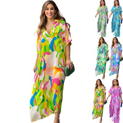 Summer Women's High Waisted Fashionable Printed Commuter Sexy V-neck Short Sleeved Long Casual Loose Ankle Dress