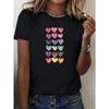 Multi Colored Heart-shaped Printed T-shirt, Cute Pattern Women's Top