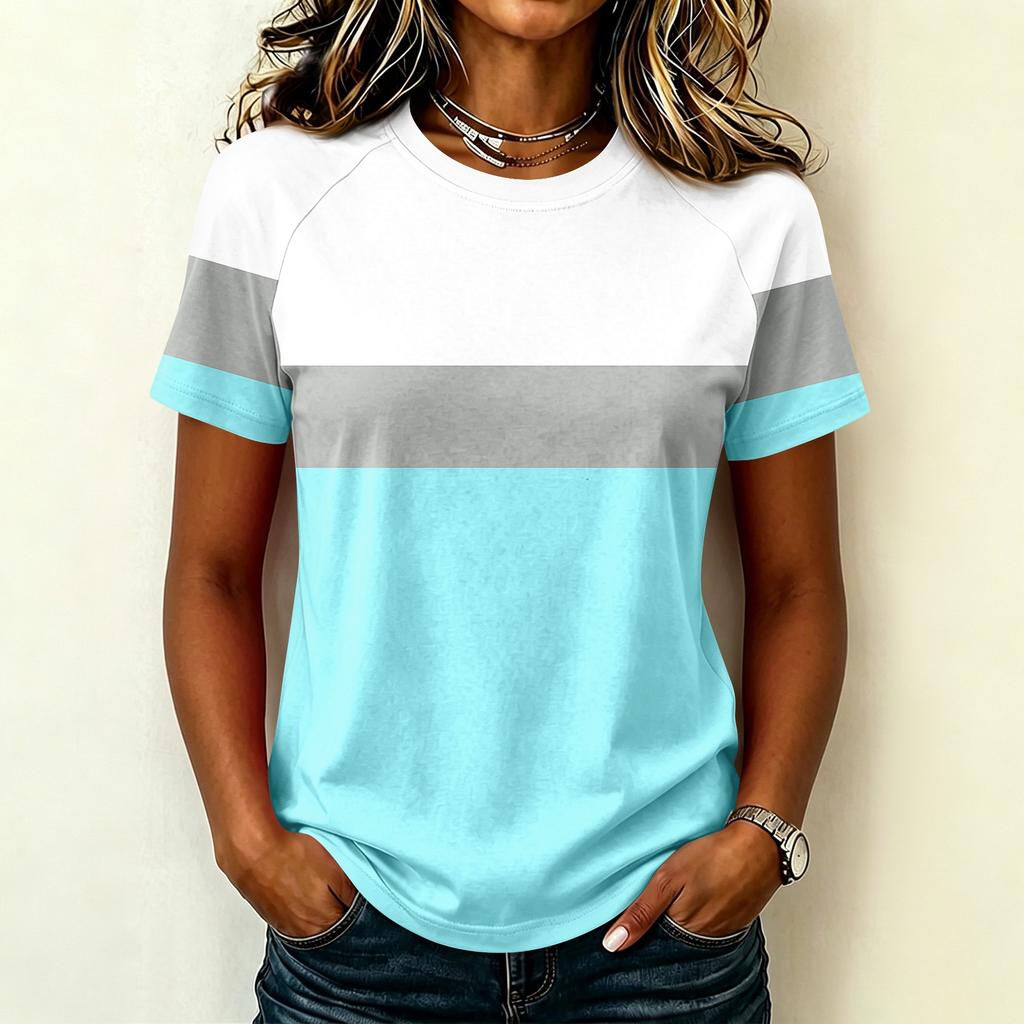 Women's Fashion Raglan Sleeve Crew Neck Casual Colorblock Print Short Sleeve Top Lightweight Soft Fabric Comfortable Fit