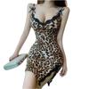 Sexy Leopard Print  Dress With Lace Trim, Side Slit, Slimming Nightgown