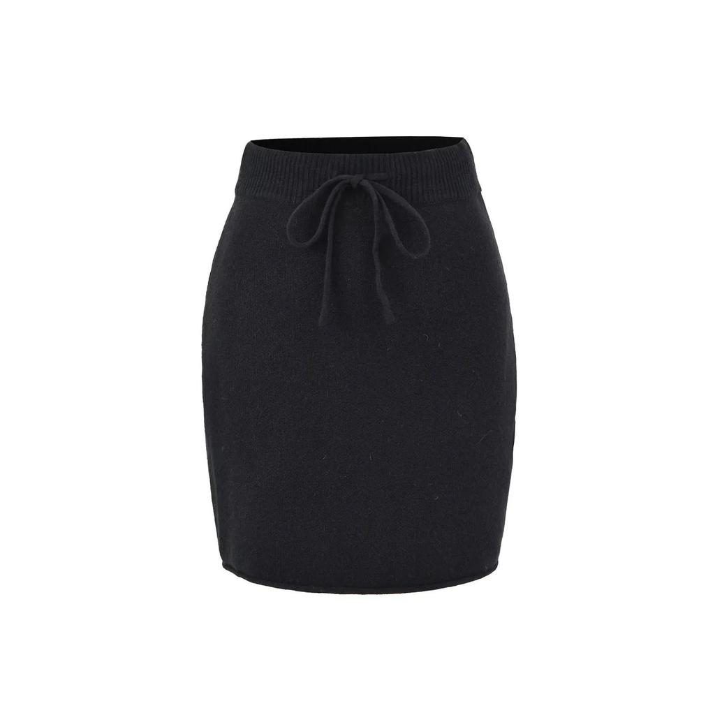 2025 Autumn/Winter High-Waisted Knit Ribbed Bodycon A-Line Skirt with Tie-Up Detail