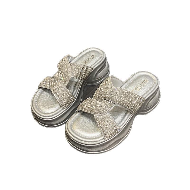 Thick-bottomed Rhinestone One-word Women's Outer Wear 2025 New Summer Slope Heel Stepping On Shit Feeling Casual Versatile Cool Slippers
