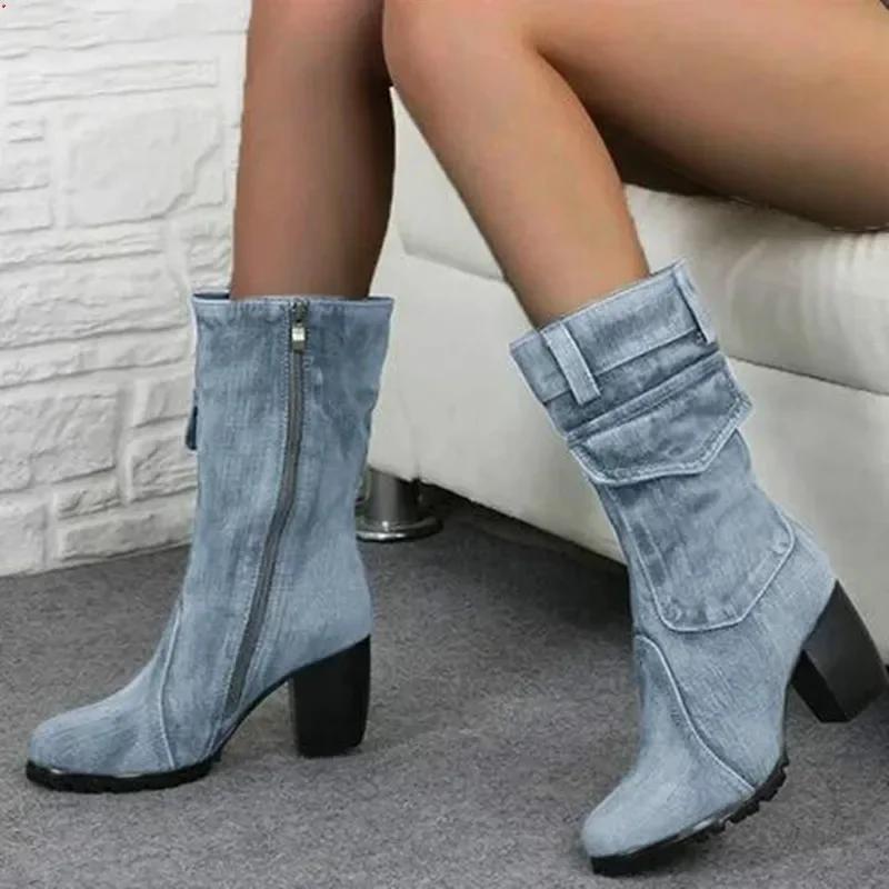 Cowboy Women's Boots 2025 Autumn and Winter New Pointed Denim Style Casual Temperament High Heels Single Shoes Zapatos De Mujer