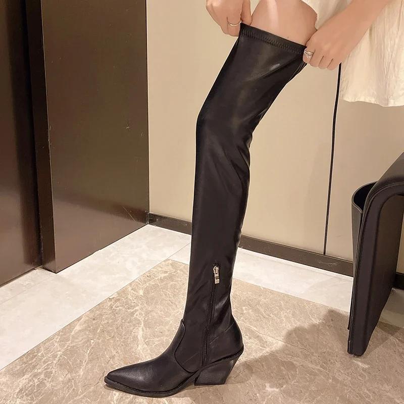 Fashion Pointed Toe Shoes for Women 2024 Winter New Increase Height and Slim Down Black Women's Over-the-knee Boots Plus Size 35-42