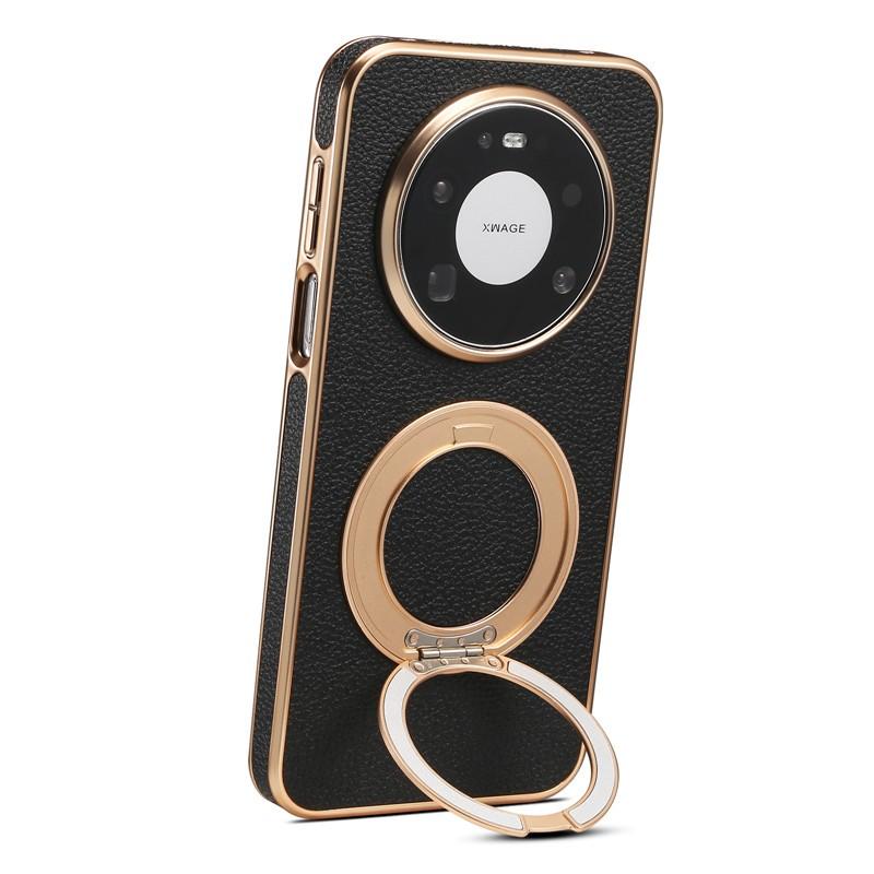 Premium Black Leather Phone Casing For Huawei Mate 80 Pro Max With Magnetic 360 Metal Bracket Wireless Charging Shockproof Cover