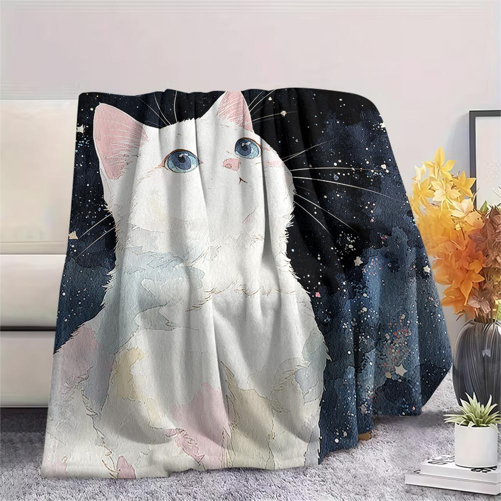 White Cat Print Flannel Blanket, High quality Comfortable for All Seasons, Home Decor, Warmth and Comfort, Perfect for Christmas Gifts