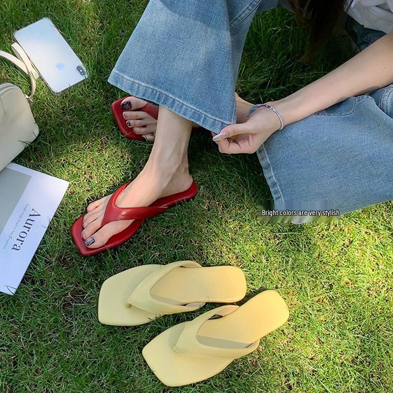 Korean Style Women's Square Toe Non-Slip Summer Sandals - Casual French Thong Flip-Flops for Outdoor Wear