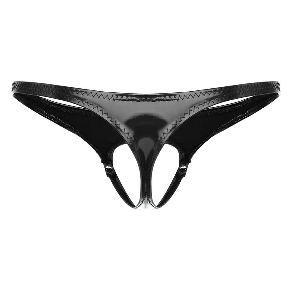 Mens Hollow Out Front Thong Wet Look Patent Leather G-String Underwear Low Rise T-back Underpants