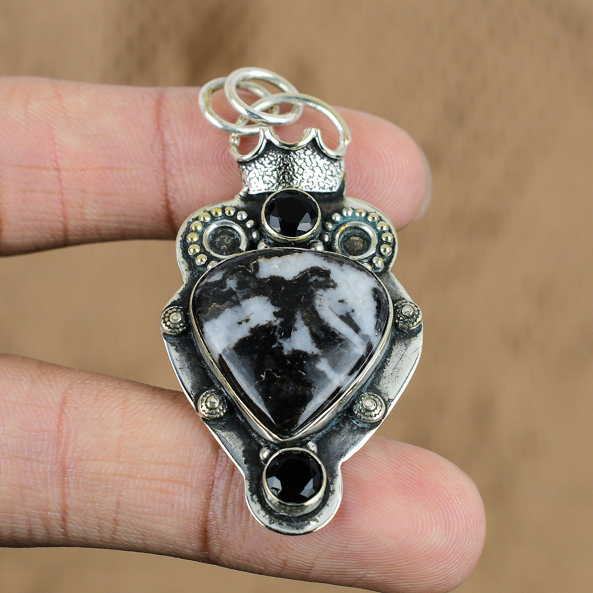 

Sterling Silver Pear Natural Zebra Jasper Black Onyx Birthday Pendant Jewelry