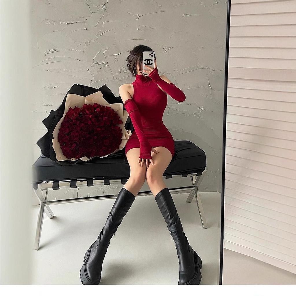 Spring sexy turtleneck new dress Spice girl sweet and tight pure desire wind neck hip skirt children