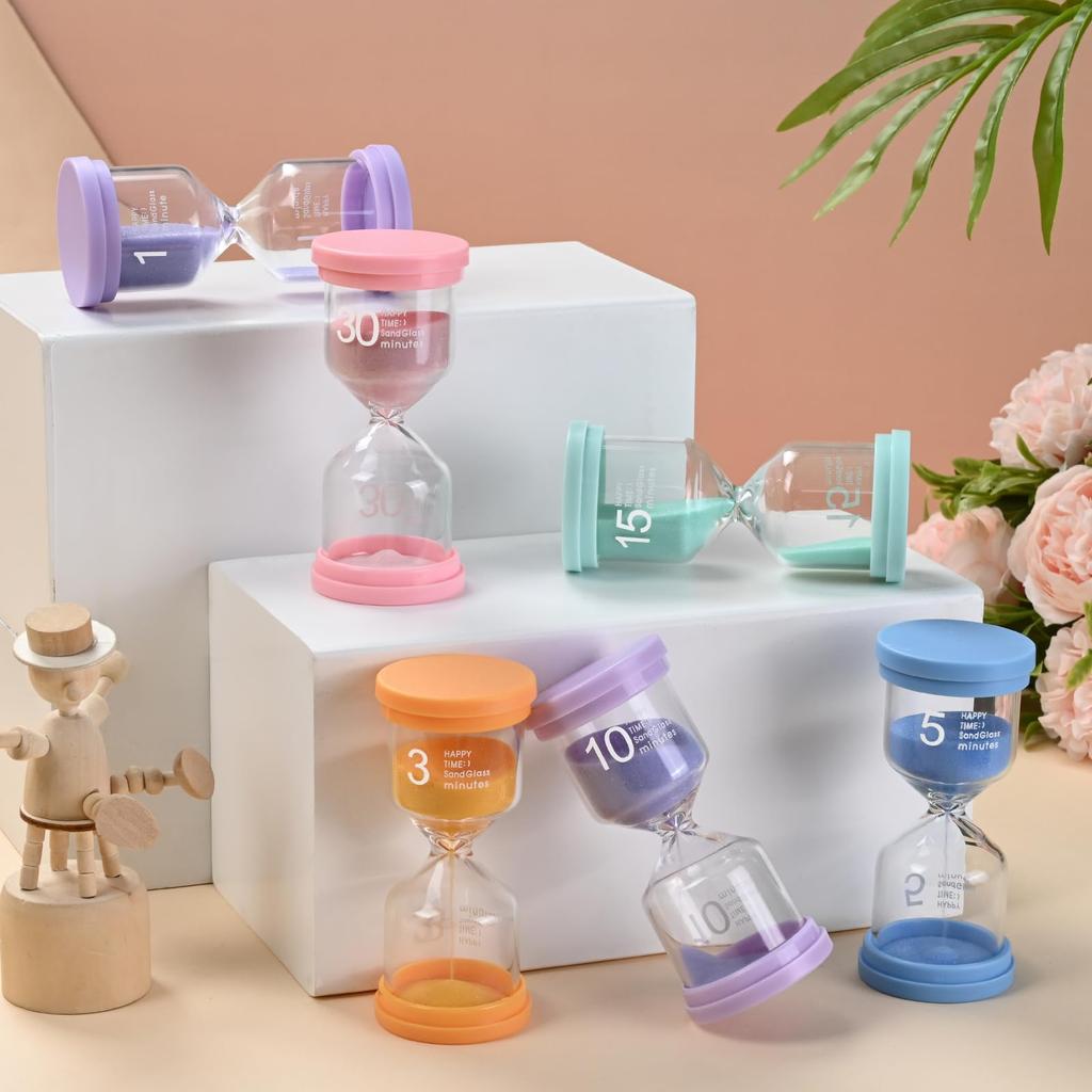 Lubanheart Sand Timer Hourglass Set of 6 - Mild Macaron Colors (1 min3 min5 min10 min15 min30 min) - Perfect for Home Decor, Kitchen Use, Cooking,