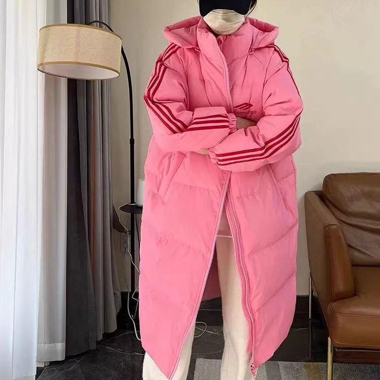 Women's 2023 Korean Style Long Down Jacket, Over-the-Knee, Three-Stripe, Thickened, Loose Fit, White Duck Down, Couple's Coat.