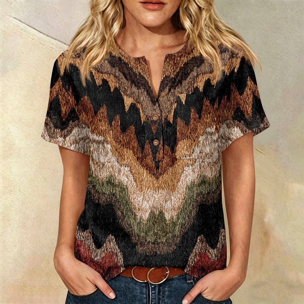 Damen Kurzarm Baumwoll-Leinenhemd mit Modischem Print Henley Knopfleiste und Brusttasche Lockerer Schnitt Lässiges Oberteil
