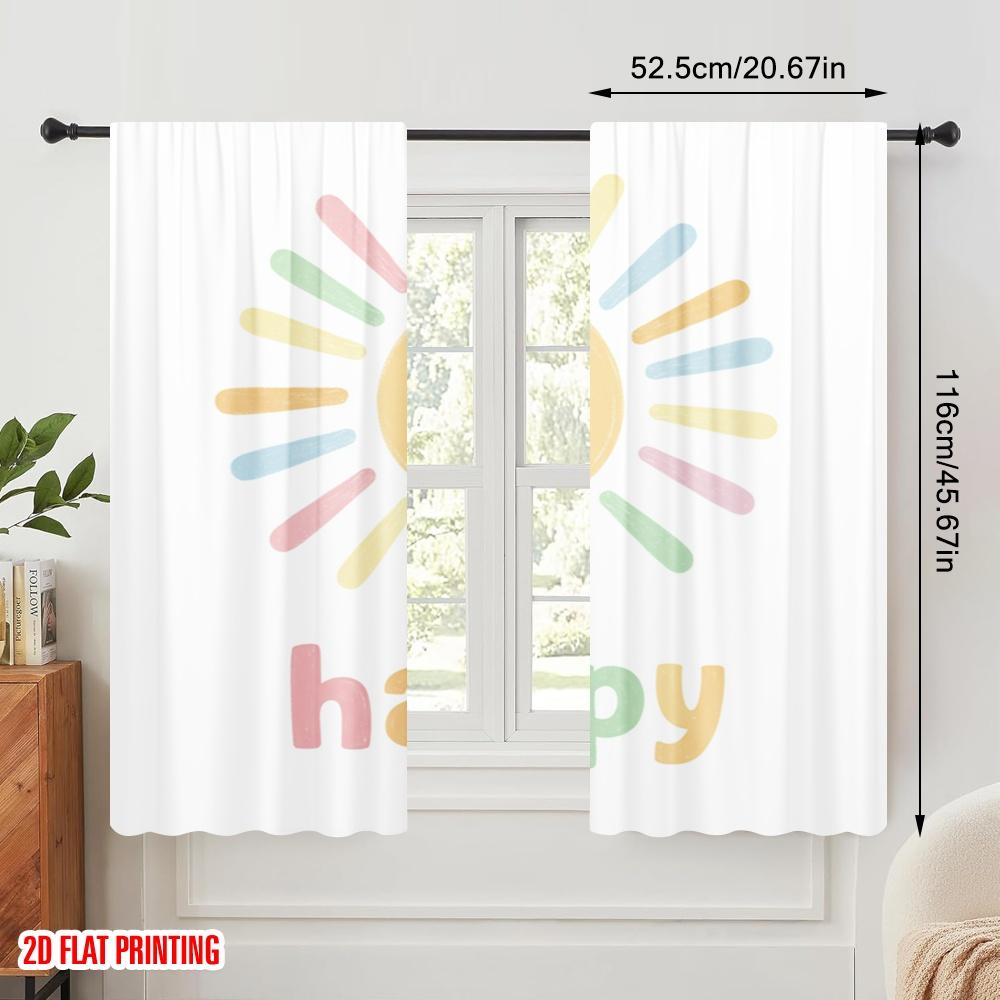 2pcs 2D Flat Printing Curtain Happy Sun Watercolor Polyester Without Electricity All Season Party & Holiday Decor Perfect for