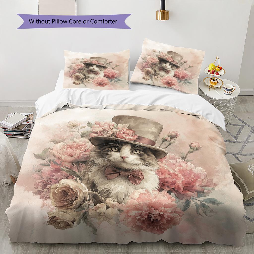 Set Copripiumino Trapuntato con Fantasia Gatto con Cappello Vintage Decorazione per la Casa Regalo (1 * copripiumino + 2 * federa, senza nucleo)
