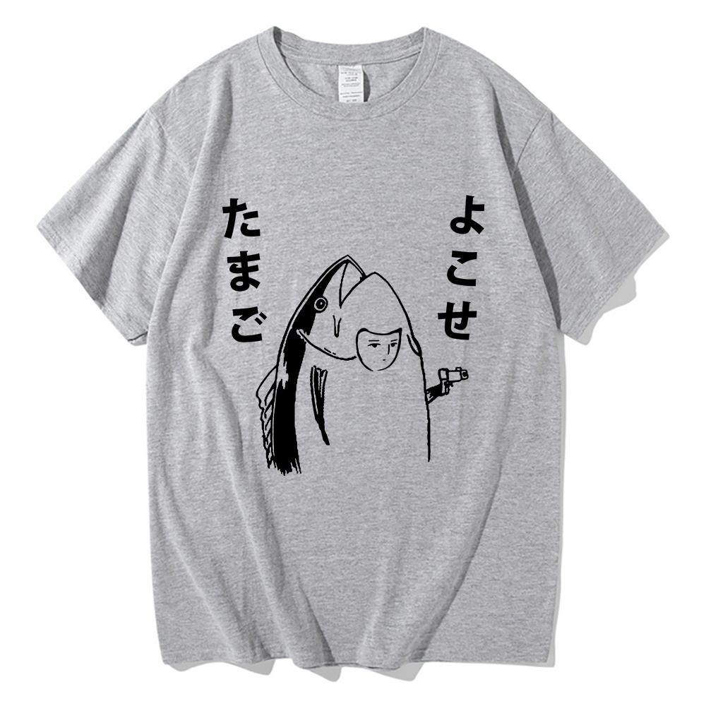 Harajuku Style Lovely Autumn All-purpose Top Fun Japanese Fish and Gun Design T-shirt Couples Unisex Cotton Design T-shirt