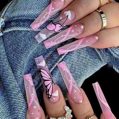 Umělé nehty Dlouhé baletní nehty Diamantový styl Nositelné nehty Růžový motýl Vitality Girl Nehtový dílek
