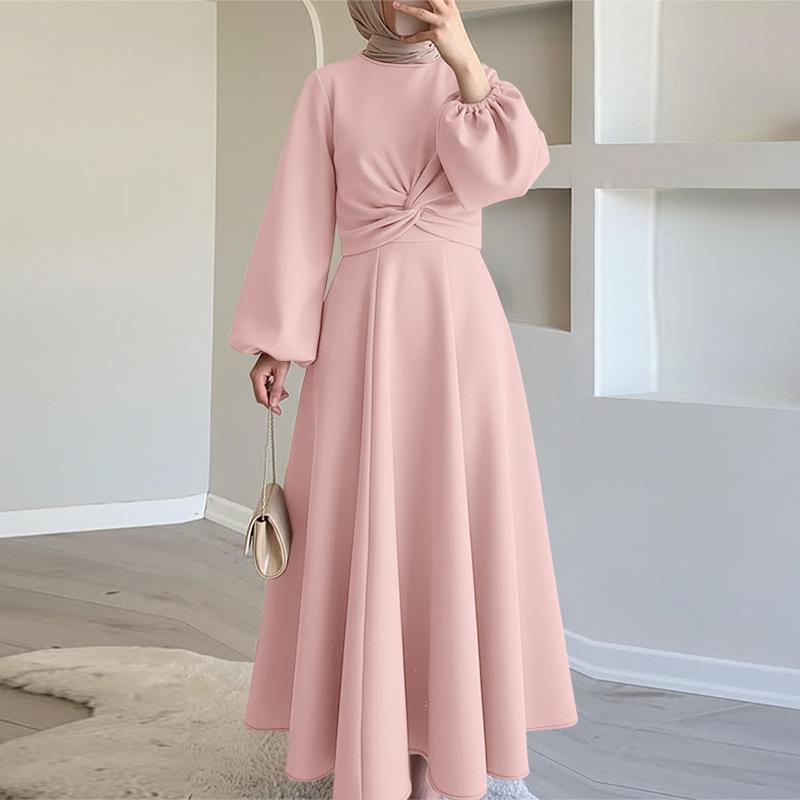 ZANZEA Women Casual Round Neck Long Sleeve Loose Kink Long Dress S розовый