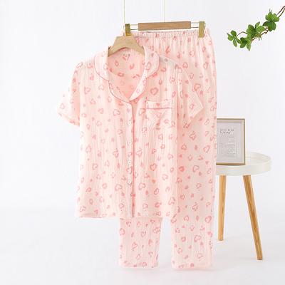 Spring/Summer Women's New Pajama Set 100% Cotton Crepe Short Sleeves+Pants Flip Collar Vintage Flower Simple Homewear