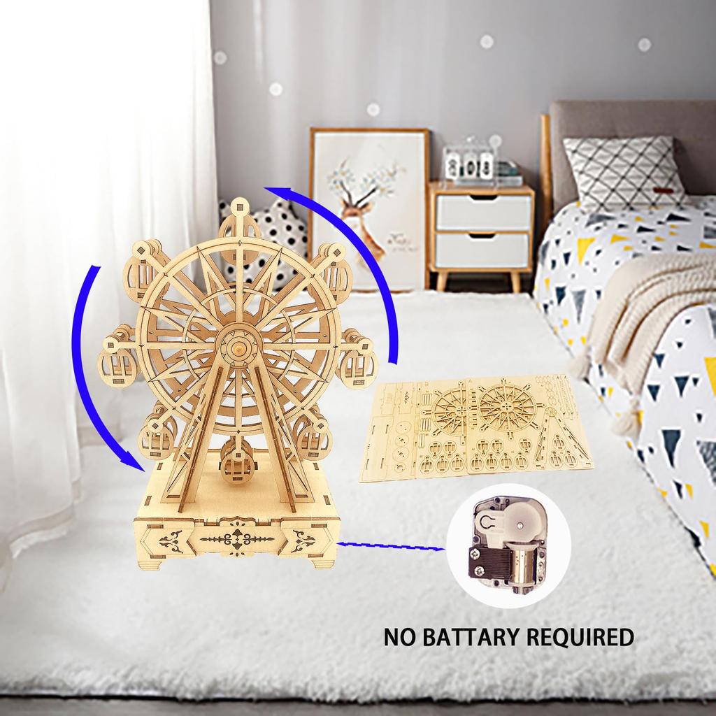 Drewniany Model 3D Puzzle Zestaw do Budowy dla Dorosłych Diabelski Młyn DIY Pudełko Muzyczne Rękodzieło Mechaniczne Puzzle Hobby Prezent dla Mężczyzn i Wieków - Zestaw, Nastolatki,