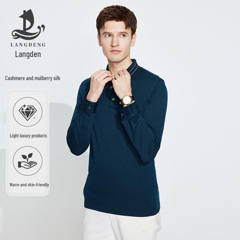 Langdeng Men s Silk Blend Long-Sleeve Polo T-Shirt XL