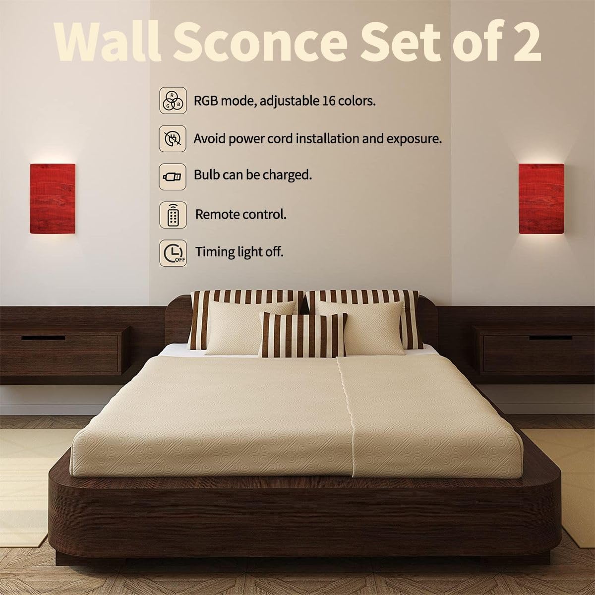 

Wall Sconces Set of Two Battery Operated Red Painted Wood Textured Wireless Plug in Wall Lights Fixtures Remote Dimmable for Bedroom Living Room 9.8 x6.7 x5.9