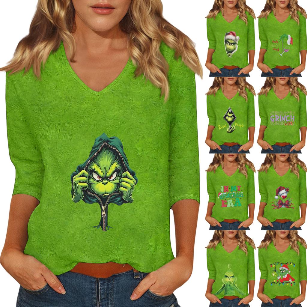 Women's Casual Fashionable Sexy Comfortable V-Neck Christmas Three-Quarter Sleeve Top