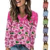Women's Fashionable Loose-Fit V-Neck Long-Sleeved T-Shirt Christmas Print Pullover