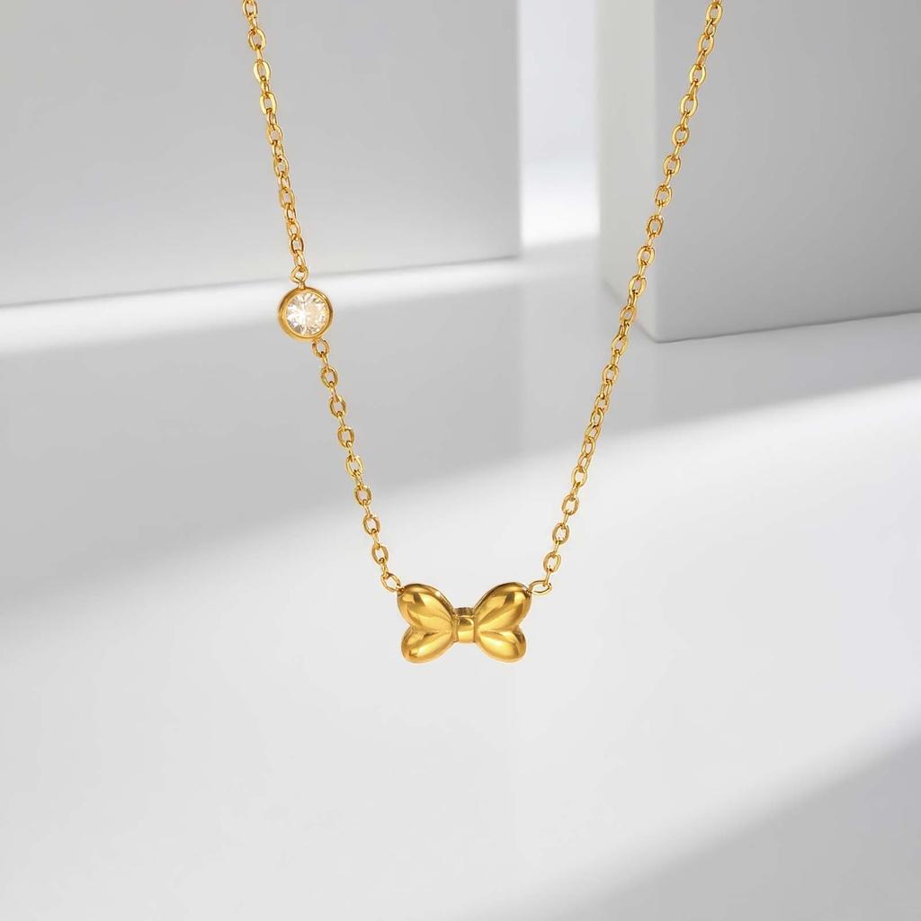 Minimalist Zircon Bowknot Pendant Necklace for Women, 18K Gold Plated Stainless Steel Necklace, Waterproof Jewelry Accessories