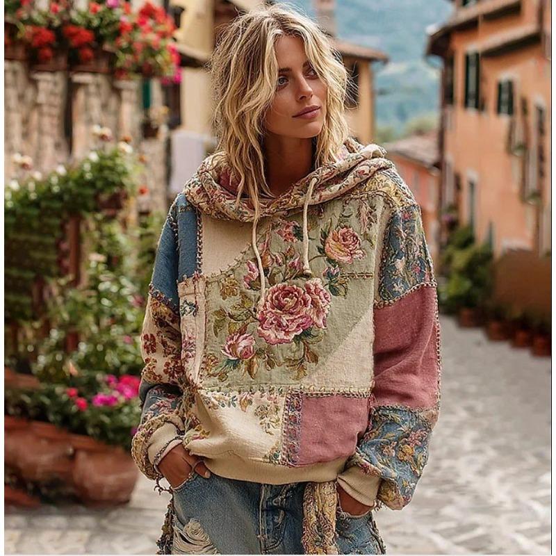 JKASHDK Women's Fashion Casual Flower Pattern Print Long Sleeve Hooded Hoodies & Sweatshirts