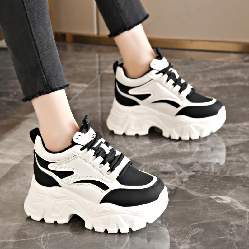Fashion Mix Color Chunky Platform Sneakers Women Lace-Up Thick Bottom Vulcanzied Shoes Female Pu Leather Non-Slip Sports Shoes Woman