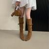 2025 new square head side zipper tall tube suede thin belt buckle knee knight women's boots