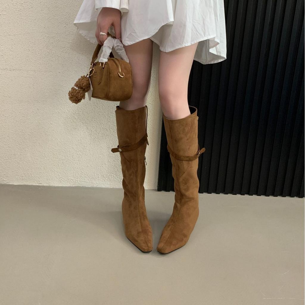 2025 new square head side zipper tall tube suede thin belt buckle knee knight women's boots
