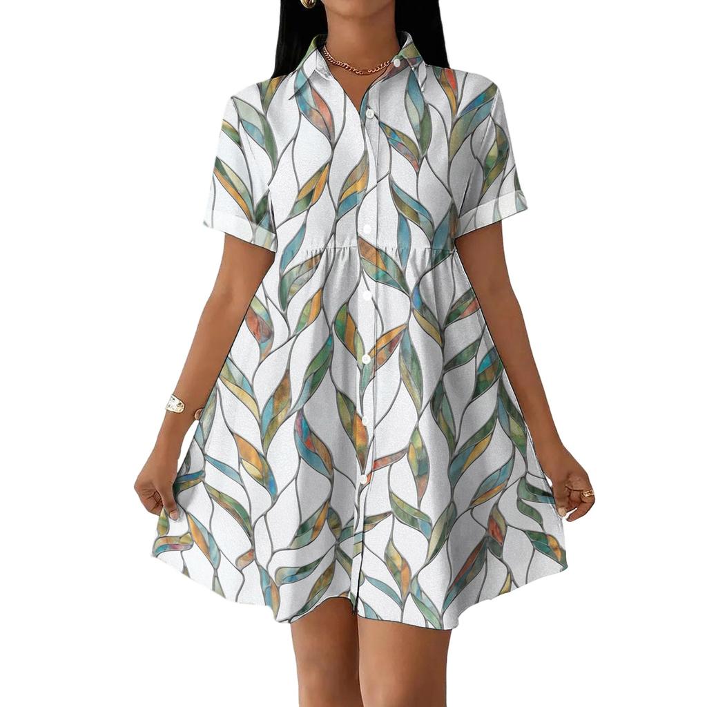 Casual Loose Fit Shirt Dress with Button Front and Stand Collar Short Sleeve Lightweight Summer Dress for Women