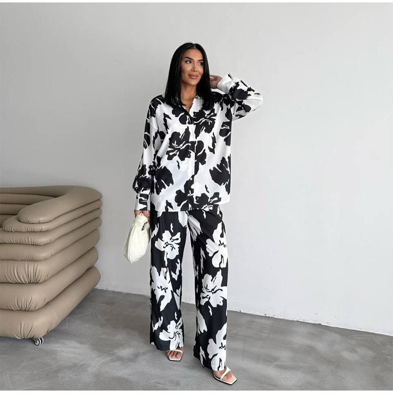 Tištěný volný ležérní set dámská košile s dlouhým rukávem kalhoty se širokými nohavicemi dvoudílný set na dojíždění jaro a léto