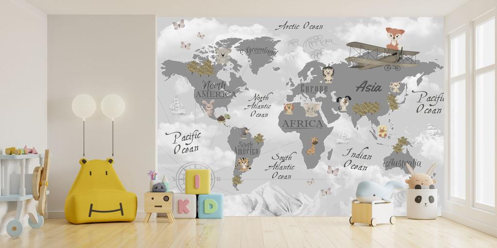 Children's photo wallpaper world map in gray color, airplane animals DWK292 300x200