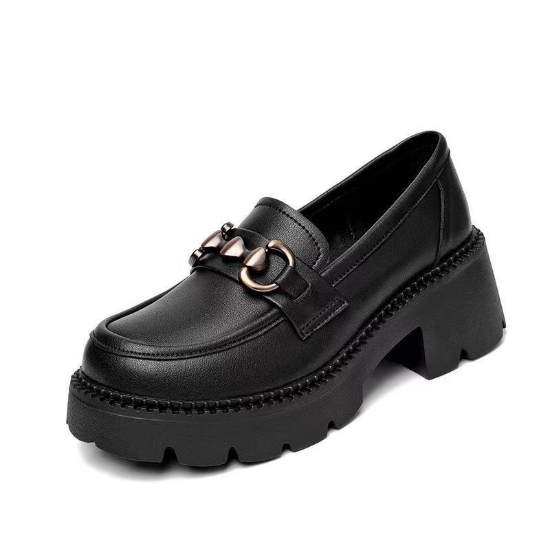 Small Loafers, Women's Spring and Autumn Thick Heels, Small Leather Shoes, Soft Soles, One Pedal, Foreign Style, Black Heightened Platform Shoes