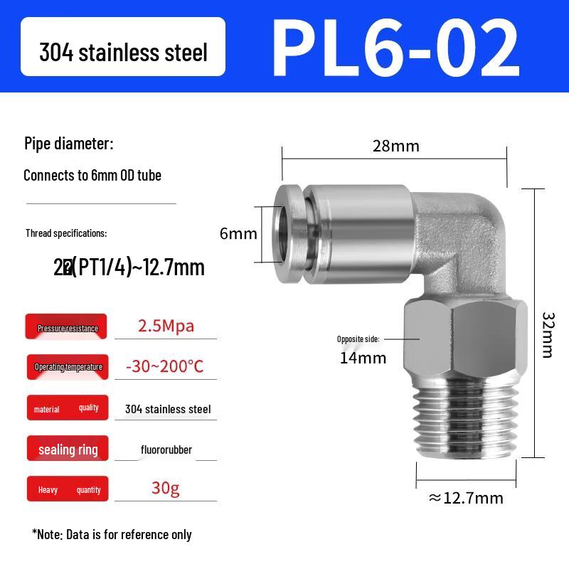 304 Stainless Steel Pneumatic Quick Push-in Connector, PC16-06/PC8-02 Swivel Elbow, PL6-M5/04