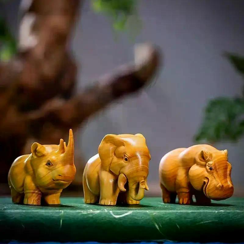 1Pcs Manual Wood Carving Wooden Product Rhino Hippo Elephant Figurine Car Ornaments Statue Desk Sculpture Room Home Decoration