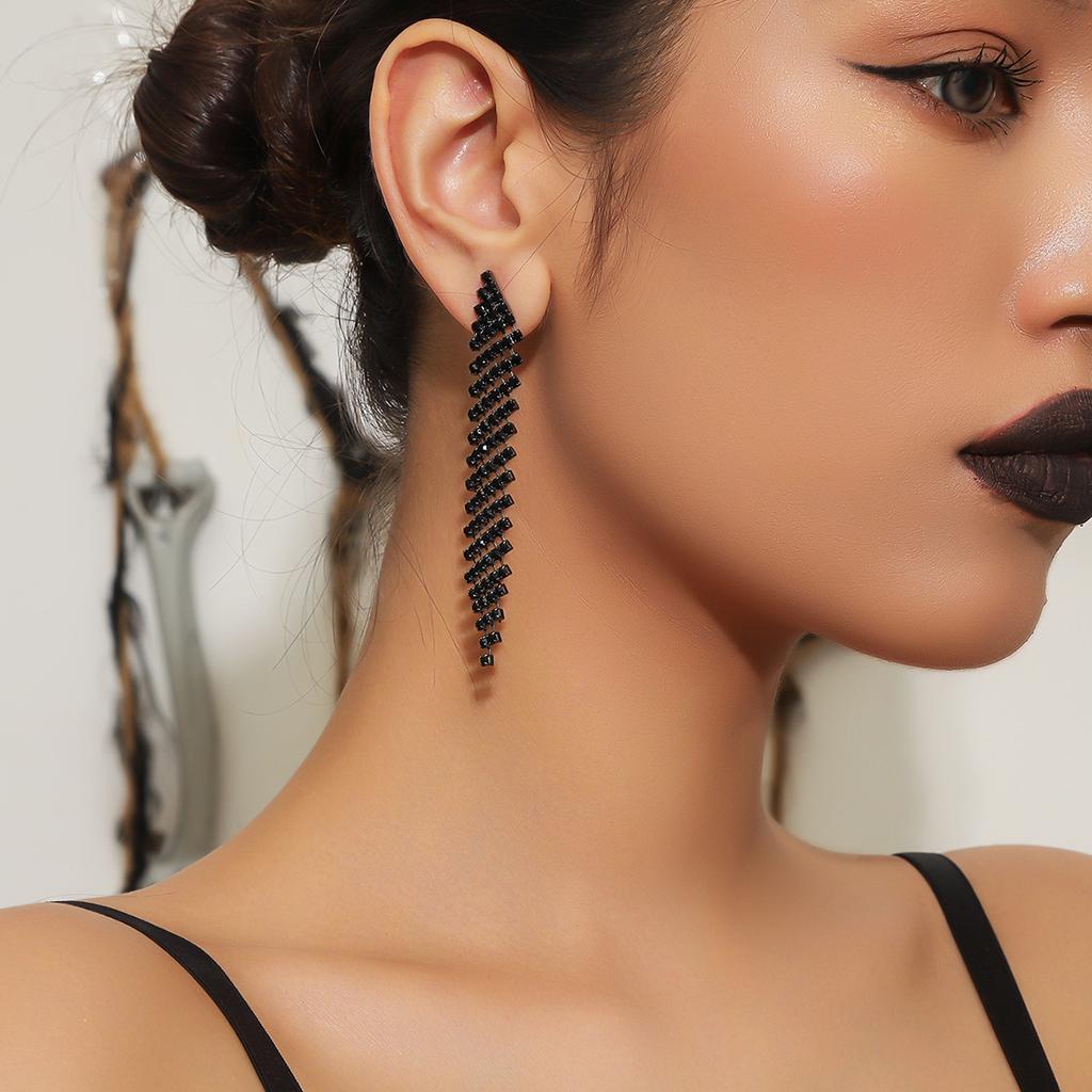 Classic Long Black Mesh Bevel Earrings