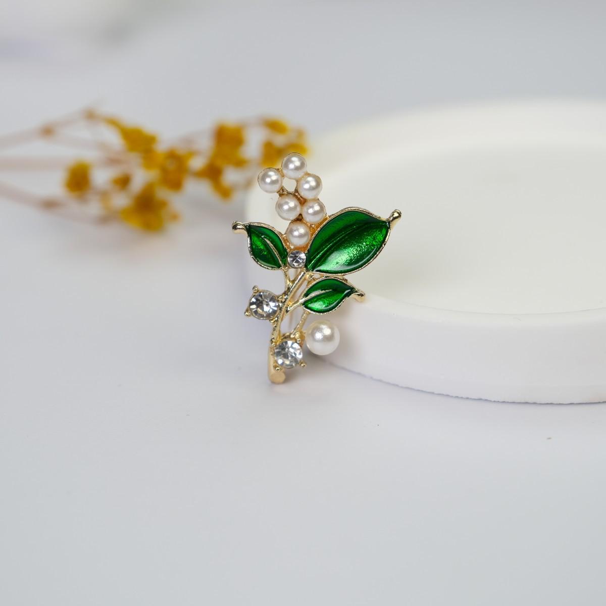 Korean Drip Glaze Green Leaf Pearl Brooch - Forest Style Plant Pin for Women