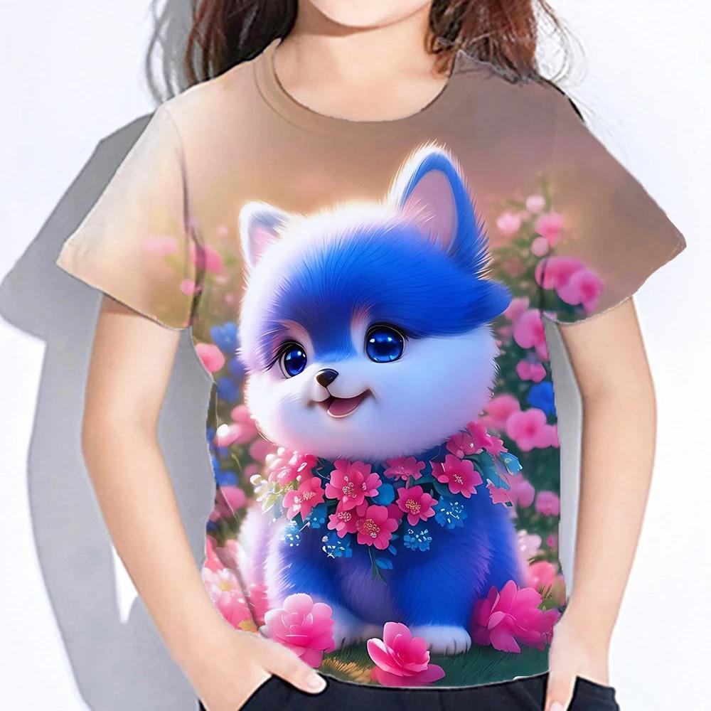 Summer Round Neck 3D Cute Cat Printed Top Fashionable Casual Short Sleeved Children's Girl T-shirts