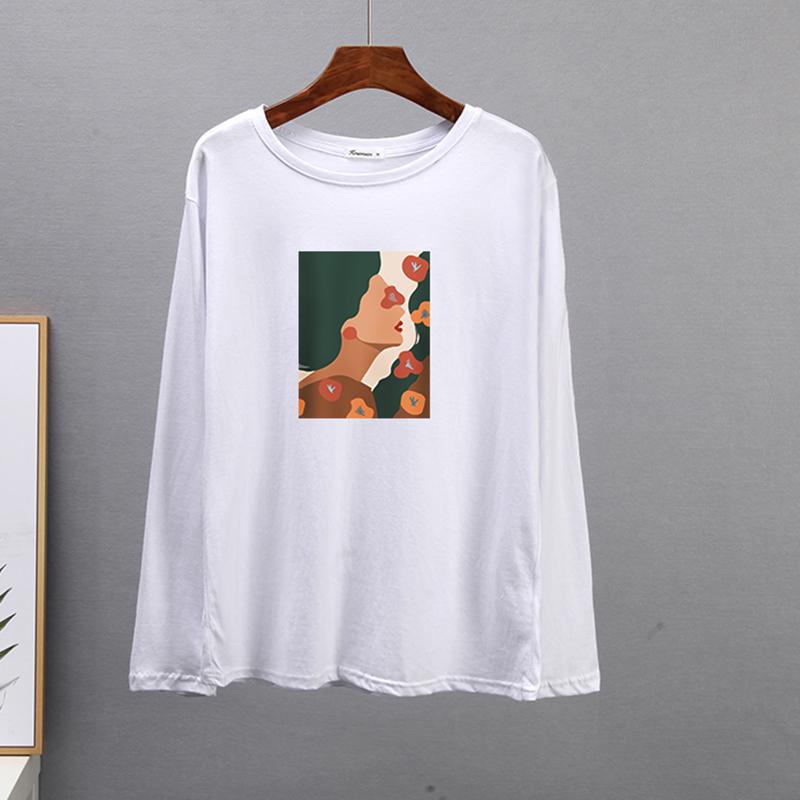 Tricou din bumbac cu mânecă lungă de primăvară Hirsionsan Tricou cu imprimeu estetică abstractă cu figurine pentru femeie pentru petrecere a timpului liber cu gâtul în formă de topuri simple