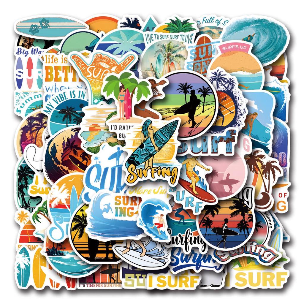 60 Cartoon Beach & Surf Stickers: Waterproof Decorations for Journals, Water Bottles, and Computers.