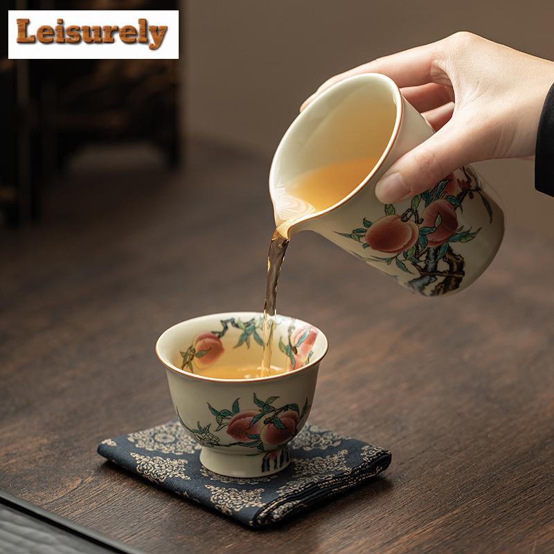 2 teil/los Antike Ru Brennofen Porzellan Teetasse Neun Pfirsich Hohe Footed Tasse Persönliche Master Tasse Verkostung Becher Tee Schüssel Kung Fu teaset 70ml