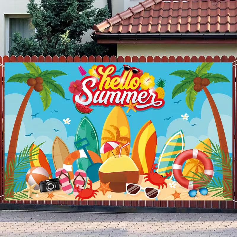 2D Summer Beach Backdrop, Hello Summer Surfboard Palm Tree Photo Booth Banner
