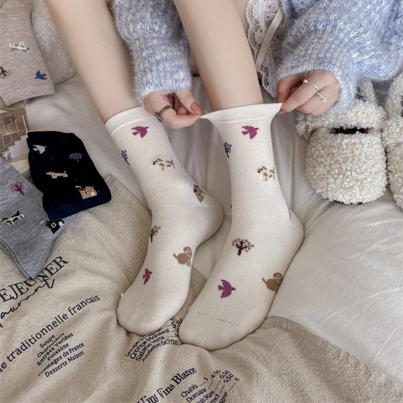 Ladies Autumn Winter Thickened Warm Cartoon Animal Cute Dog Wool Drum Pile Socks