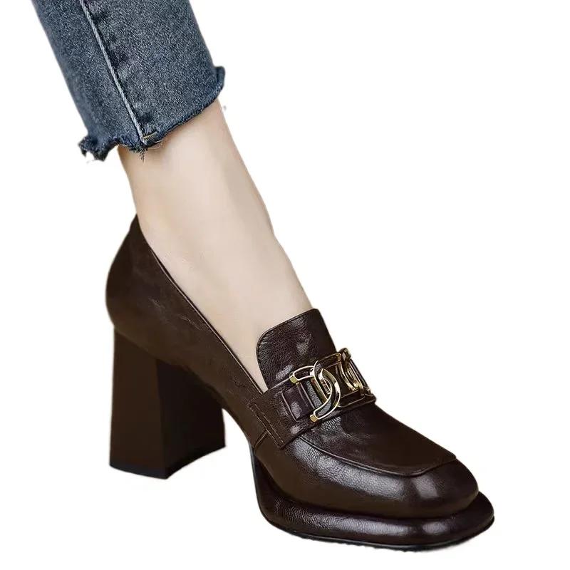 FHC New Soft Women Pumps,Fashion High Heels,Loafers Shallow Shoes,Square Toe,Slip On,British Style,Black,Beige,Dropship